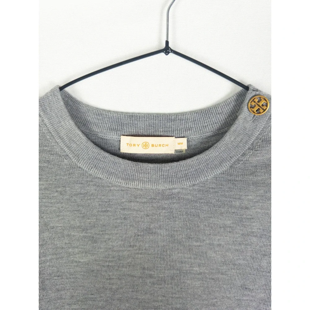 Tory Burch Merino Wool Crewneck Sweater Womens M Gray Bell Sleeve Gold Logo Quie